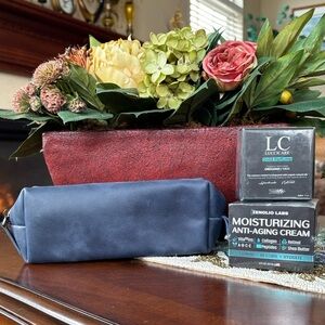 Brand New Genuine Leather Blue Men's Small Dopp Kit w/ Face Cream & Fragrance